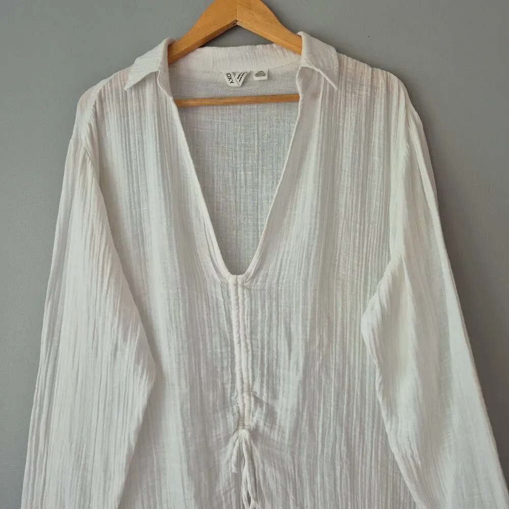 Roxy White 100% Cotton Long Sleeve V Neck Ruched Slit Beach Cover Up Womens LRG